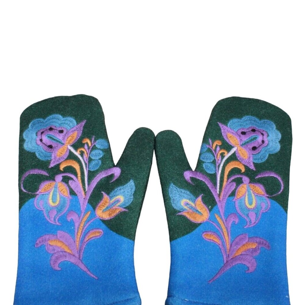 New! Blue Green Wool Floral Embroidered Faux Fur Lined Felt Mittens Size Large - Picture 4 of 10